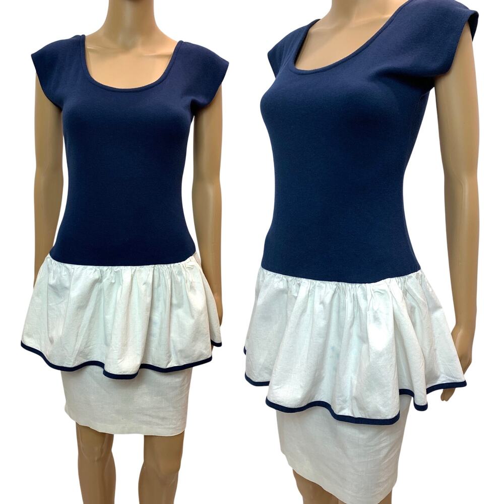 80s T Shirt Pencil Skirt Peplum Dress | Blue and White | Fits XXS/XS - Picture 4 of 8